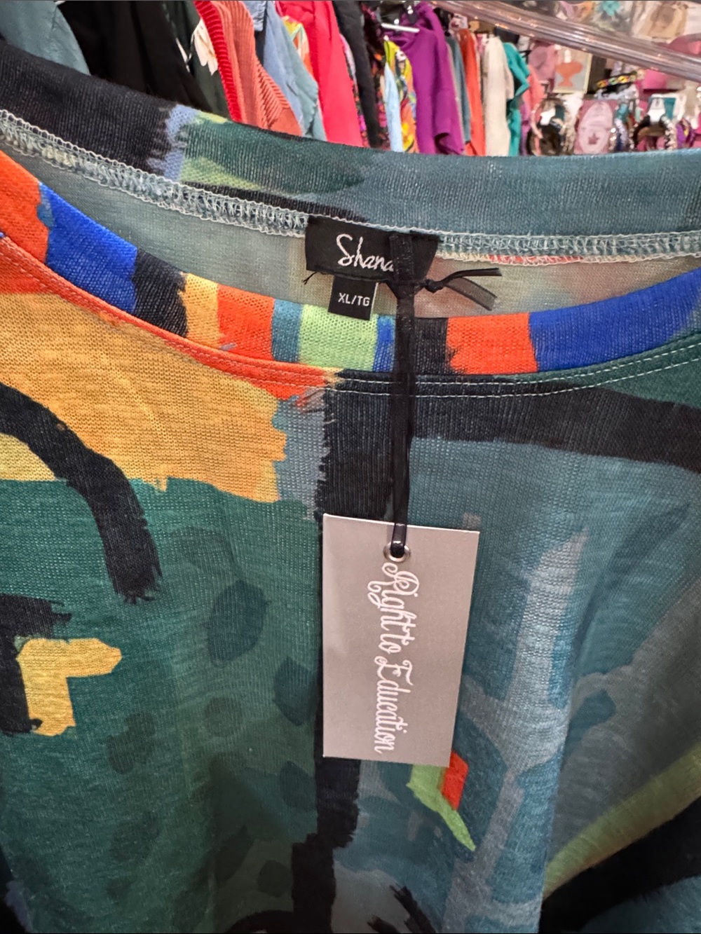 Abstract Multicolor Long Sleeve Women's Top - Green/Blue/Pops of Orange - Picture 2 of 2